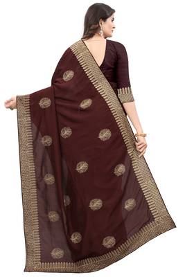 Brown embroidered faux khadi saree with blouse 3