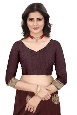 Brown embroidered faux khadi saree with blouse 4