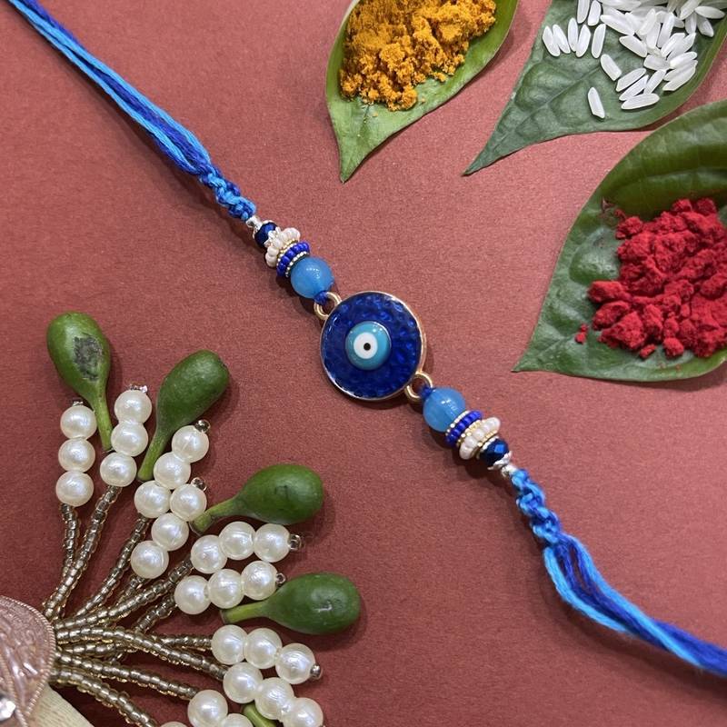 Beautiful Designer Rakhi Dark Blue Eye Evil With Beads Multicolor