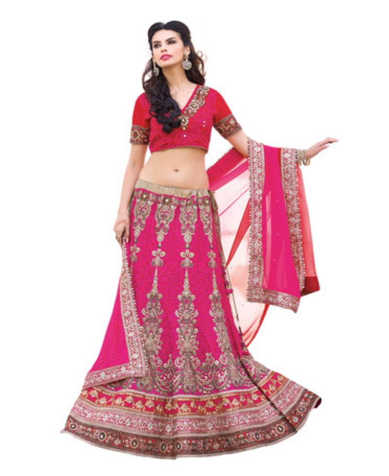 Pink embroidered net unstitched bridal-lehengas