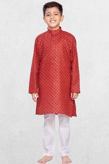 Shiwam Ethnix Boys Red Printed Cotton Kurta Suit