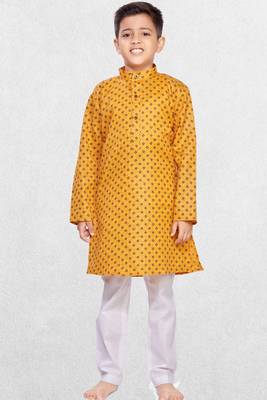 yellow cotton kurta for boys with printed design work 1