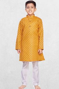 Shiwam Ethnix Boys Yellow Printed Cotton Kurta Suit