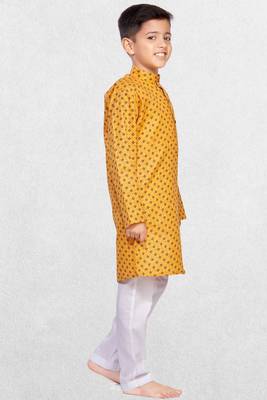 yellow cotton kurta for boys with printed design work 2