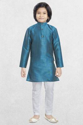 Boys Banaras Green Plain Cotton-Silk Kurta 1