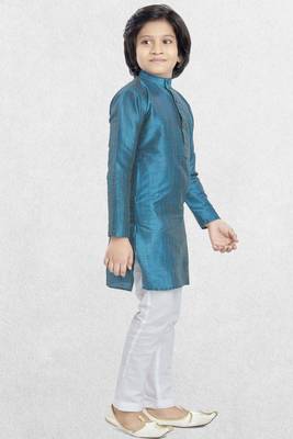 Boys Banaras Green Plain Cotton-Silk Kurta 2