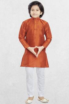Shiwam Ethnix Boys Banaras Orange Plain Cotton-Silk Kurta