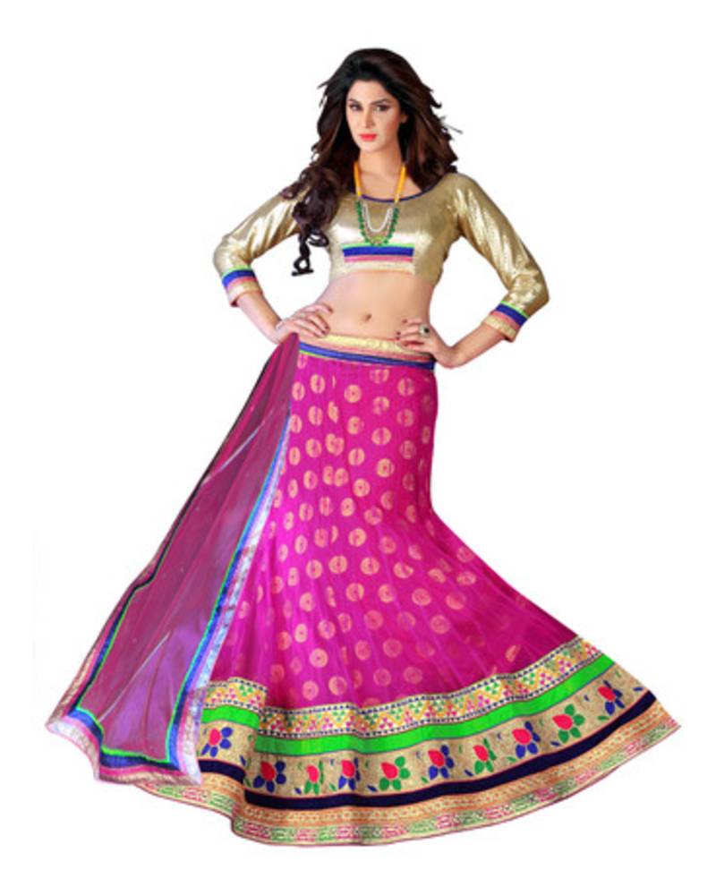 Pink embroidered net unstitched lehenga-choli