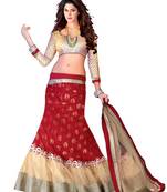 Red embroidered net unstitched lehenga-choli