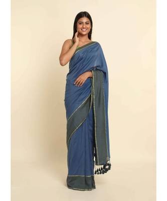 Suta Blue Solid Cotton Blend Saree 1