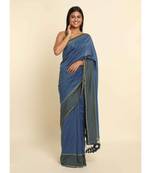 Suta Blue Solid Cotton Blend Saree