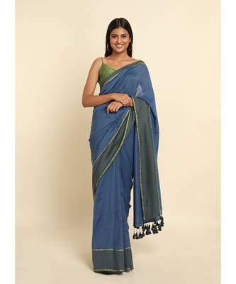 Suta Blue Solid Cotton Blend Saree 2