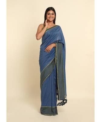 Suta Blue Solid Cotton Blend Saree 3