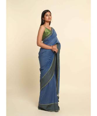 Suta Blue Solid Cotton Blend Saree 7