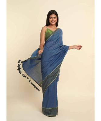 Suta Blue Solid Cotton Blend Saree 9