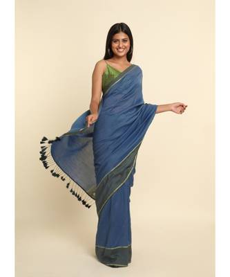 Suta Blue Solid Cotton Blend Saree 10