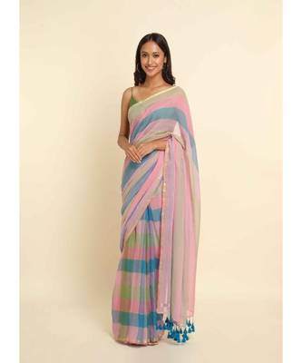 Suta Multi Checked Cotton Blend Saree 1
