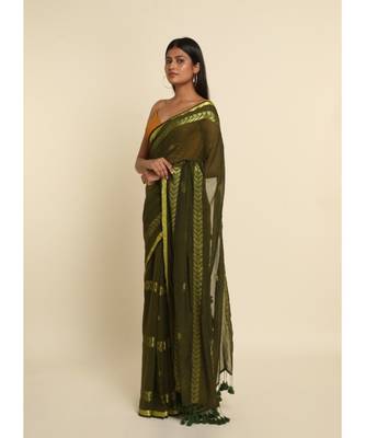 Suta Olive Woven Design Cotton Blend Saree 7