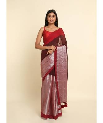 Suta Maroon Colourblocked Cotton Blend Saree 1