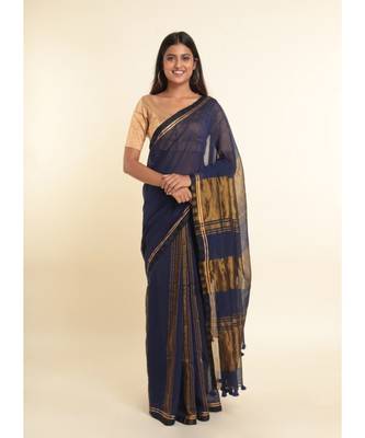Suta Blue Solid Cotton Blend Saree 1