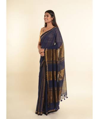 Suta Blue Solid Cotton Blend Saree 7