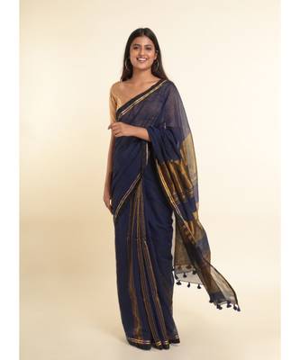 Suta Blue Solid Cotton Blend Saree 9