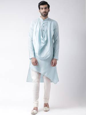 Blue cotton plain  kurta with   pajama 1