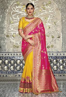 Pink woven silk saree with blouse 1