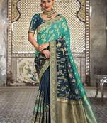 Teal woven silk saree with blouse