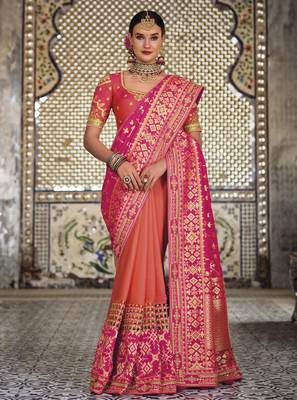 Rani pink woven silk saree with blouse 1