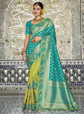 Lime woven silk saree with blouse 1
