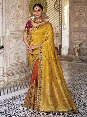 Mustard woven silk saree with blouse 1