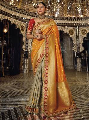Beige woven silk saree with blouse 1