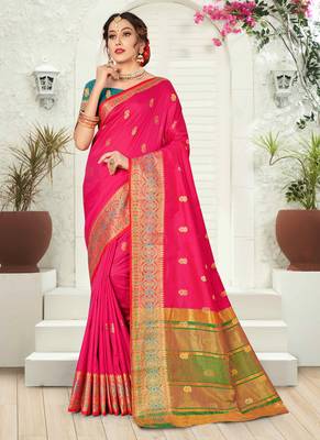 Pink woven silk saree with blouse 1