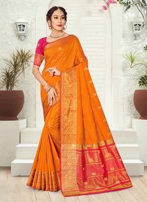 Orange woven silk saree with blouse 1
