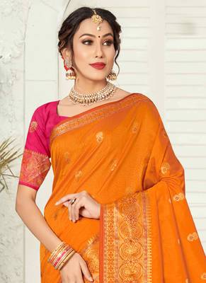 Orange woven silk saree with blouse 2