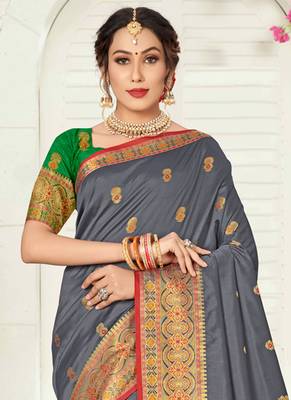 Grey woven silk saree with blouse 2
