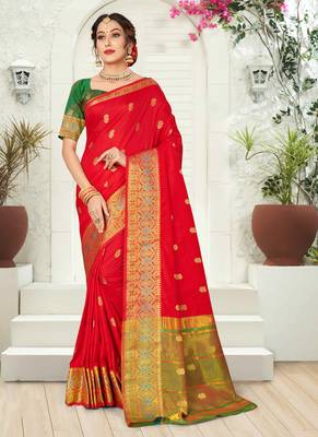 Red woven silk saree with blouse 1