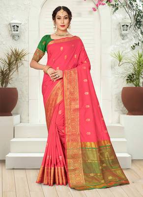 Peach woven silk saree with blouse 1