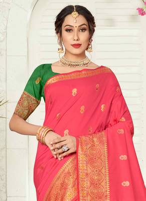 Peach woven silk saree with blouse 2