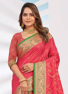 Pink woven banarasi silk saree with blouse 2