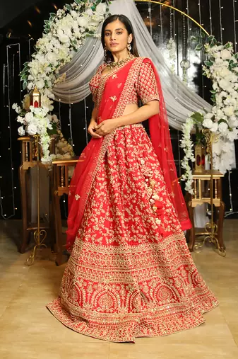 Red Hand Embroidered Lehenga Set
