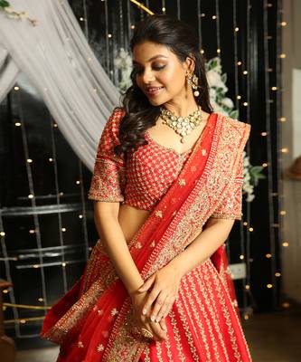Red Lehenga And Blouse In Raw Silk Fabric. 2