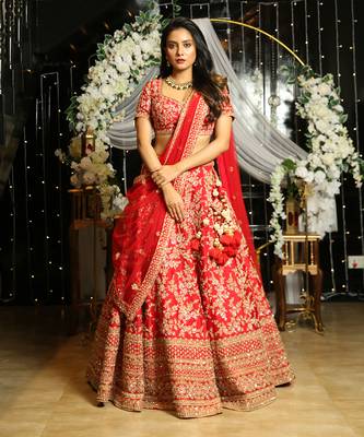 Red Lehenga And Blouse In Raw Silk Fabric    1