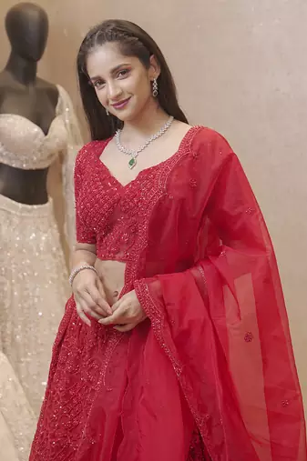 Red Fully Embellished Organza Lehenga