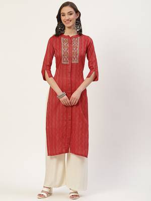 Red embroidered cotton cotton-kurtis 1
