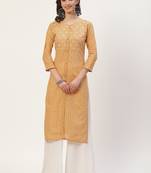 Orange embroidered cotton cotton-kurtis