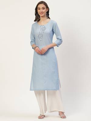 Light-blue embroidered cotton cotton-kurtis 1