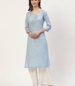 Light-blue embroidered cotton cotton-kurtis