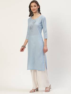 Light-blue embroidered cotton cotton-kurtis 3